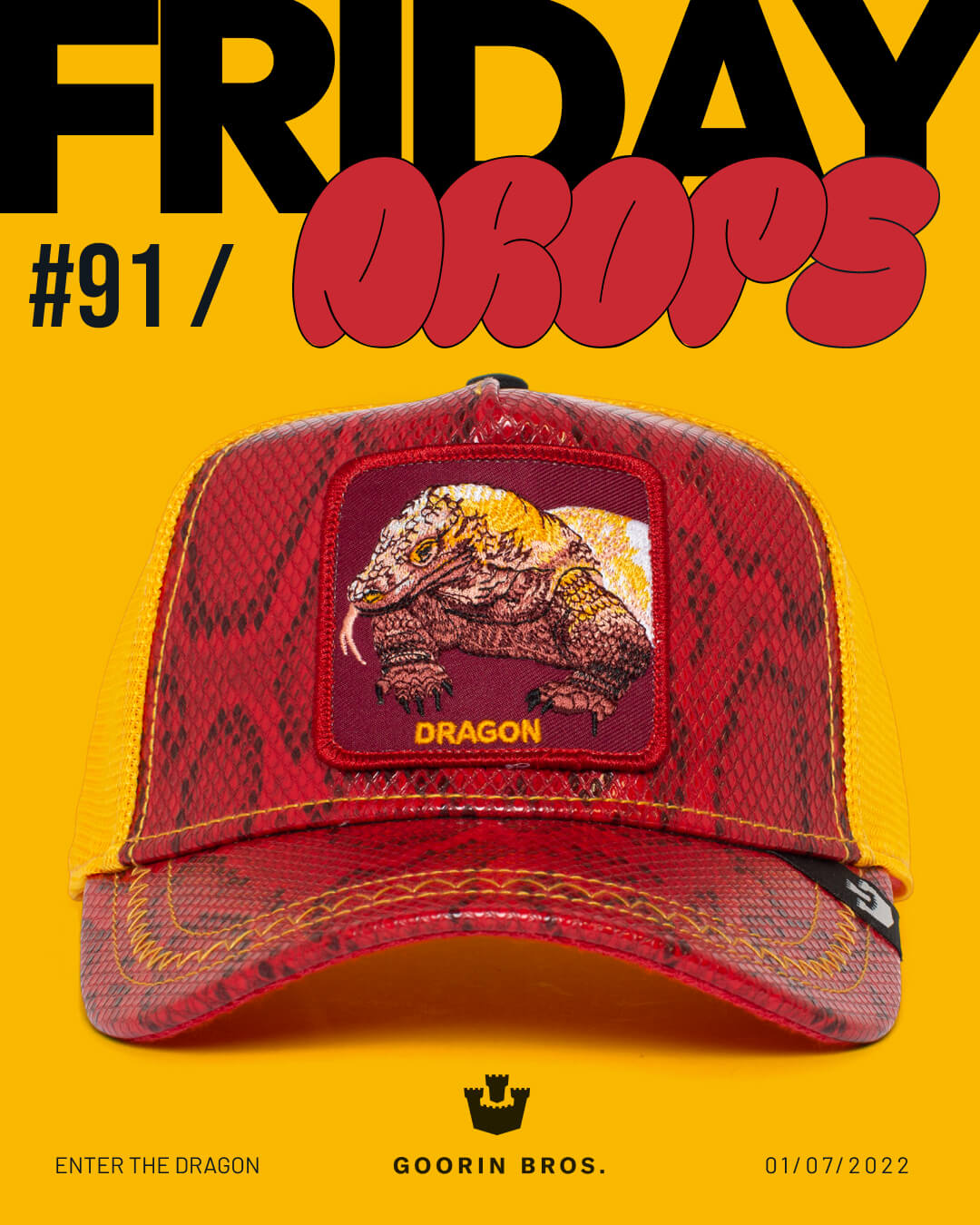 A red and yellow trucker hat with a dragon patch on the front is displayed against a yellow background with bold text reading FRIDAY DROPS #91, showcasing the latest in durable hats.