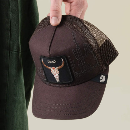 A hand holds the Goorin Bros. “Badlands Skull” hat, a brown cactus embroidery cap featuring a longhorn skull patch labeled DEAD and a breathable mesh back for comfort.