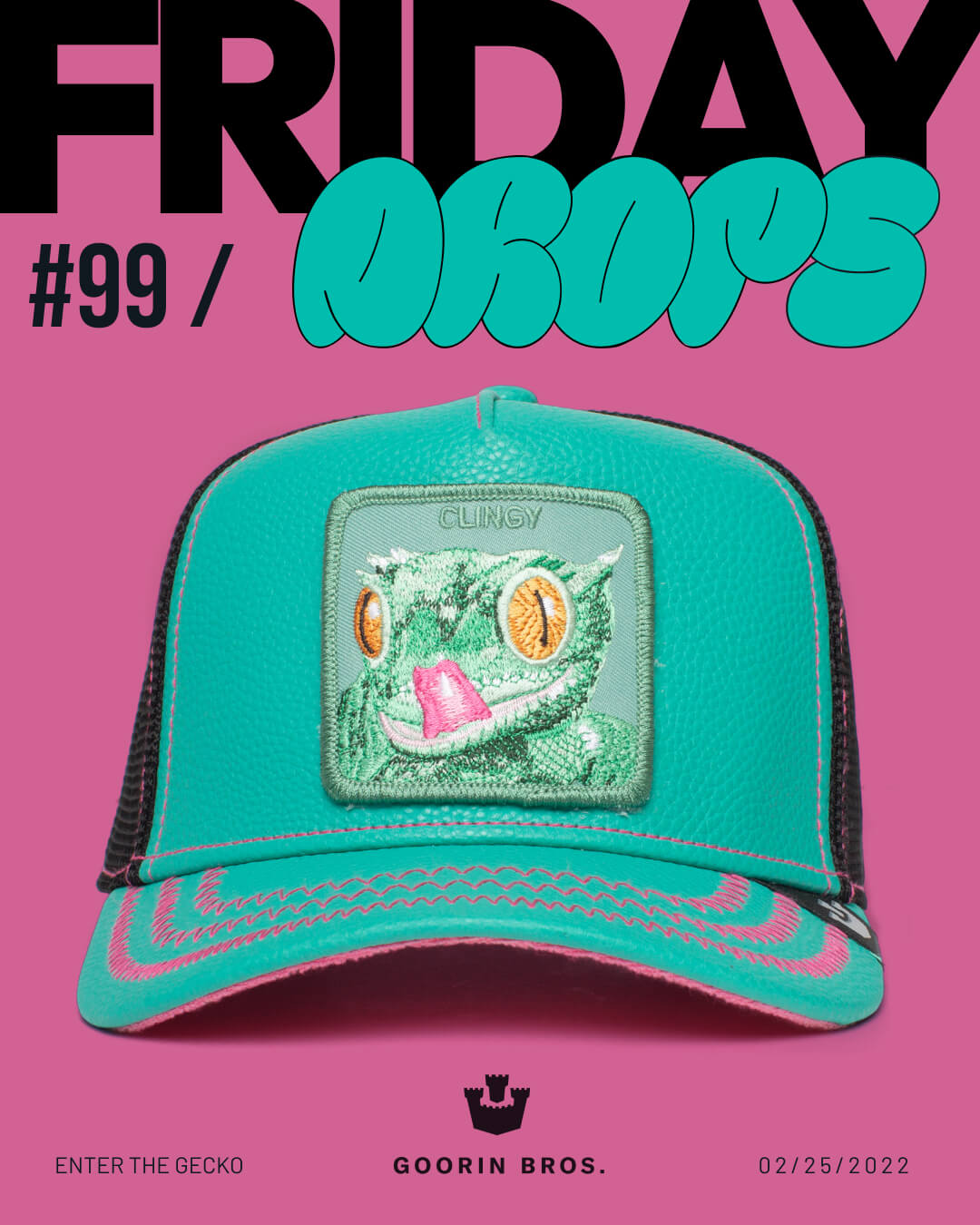 A green and black trucker hat with a colorful gecko patch, showcasing bold hat designs, is displayed against a pink background with striking text reading FRIDAY DROPS #99 and GOORIN BROS.