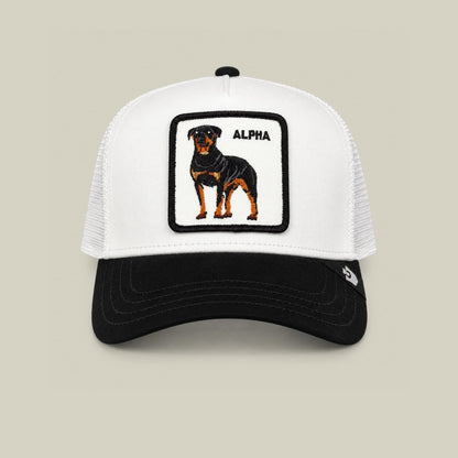 The Goorin Bros. Suede Alpha trucker hat features a white mesh back, black suede bill, and embroidered rottweiler patch with "ALPHA" text on the white front panel, displayed against a neutral background.