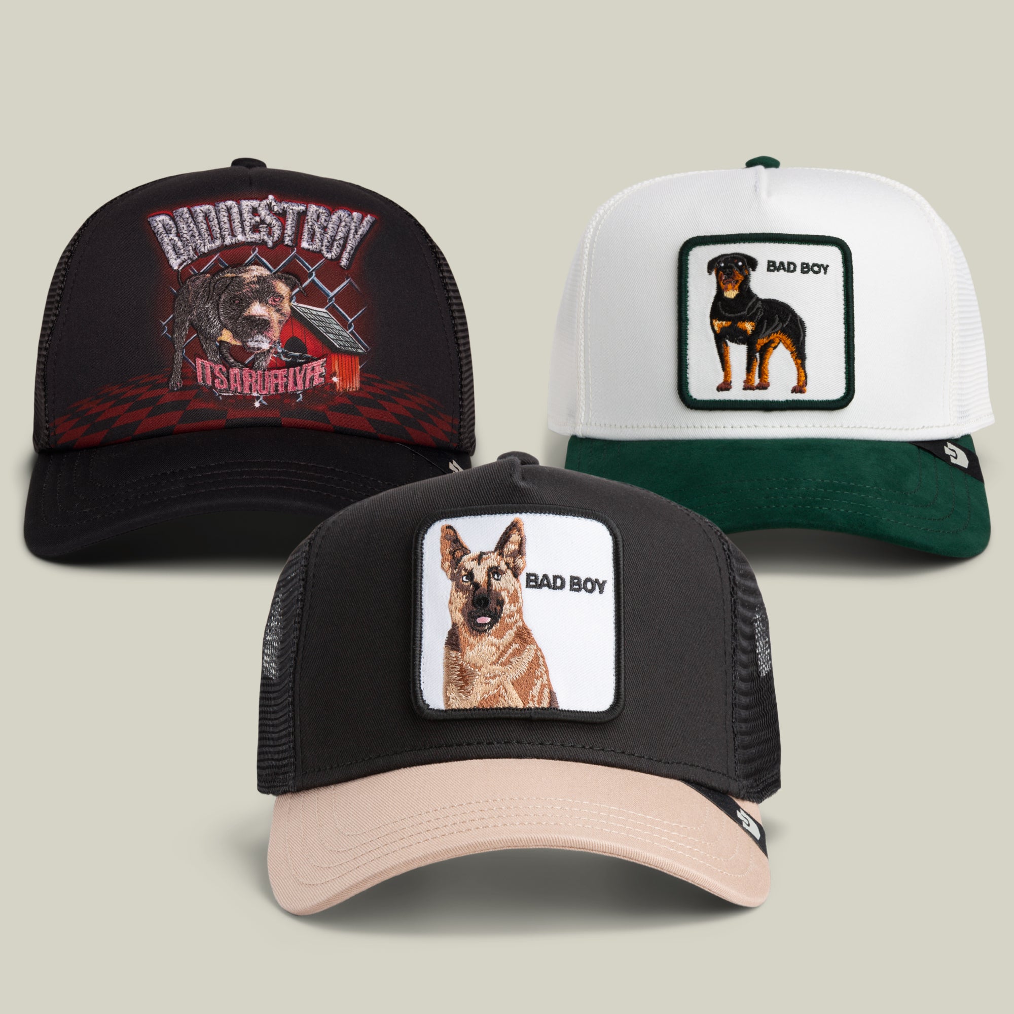 The Bad Boys II Bundle by Goorin Bros. includes three trucker hats with dog images and BAD BOY text: a black hat featuring a Rottweiler reminiscent of the classic rottweiler t-shirt, a white and green hat with another bold Rottweiler design, and a black and beige hat adorned with a tough German Shepherd—perfect for fans of the german shepherd shirt.