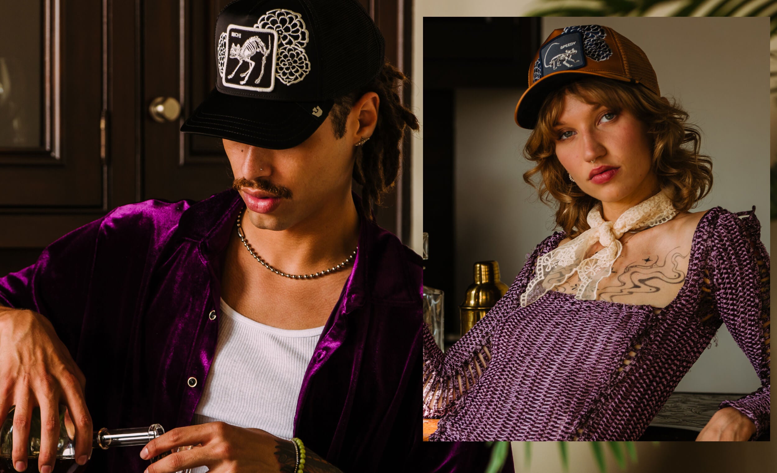 Two people, one wearing a black cap with a logo and the other in a detailed outfit, in a collage format.