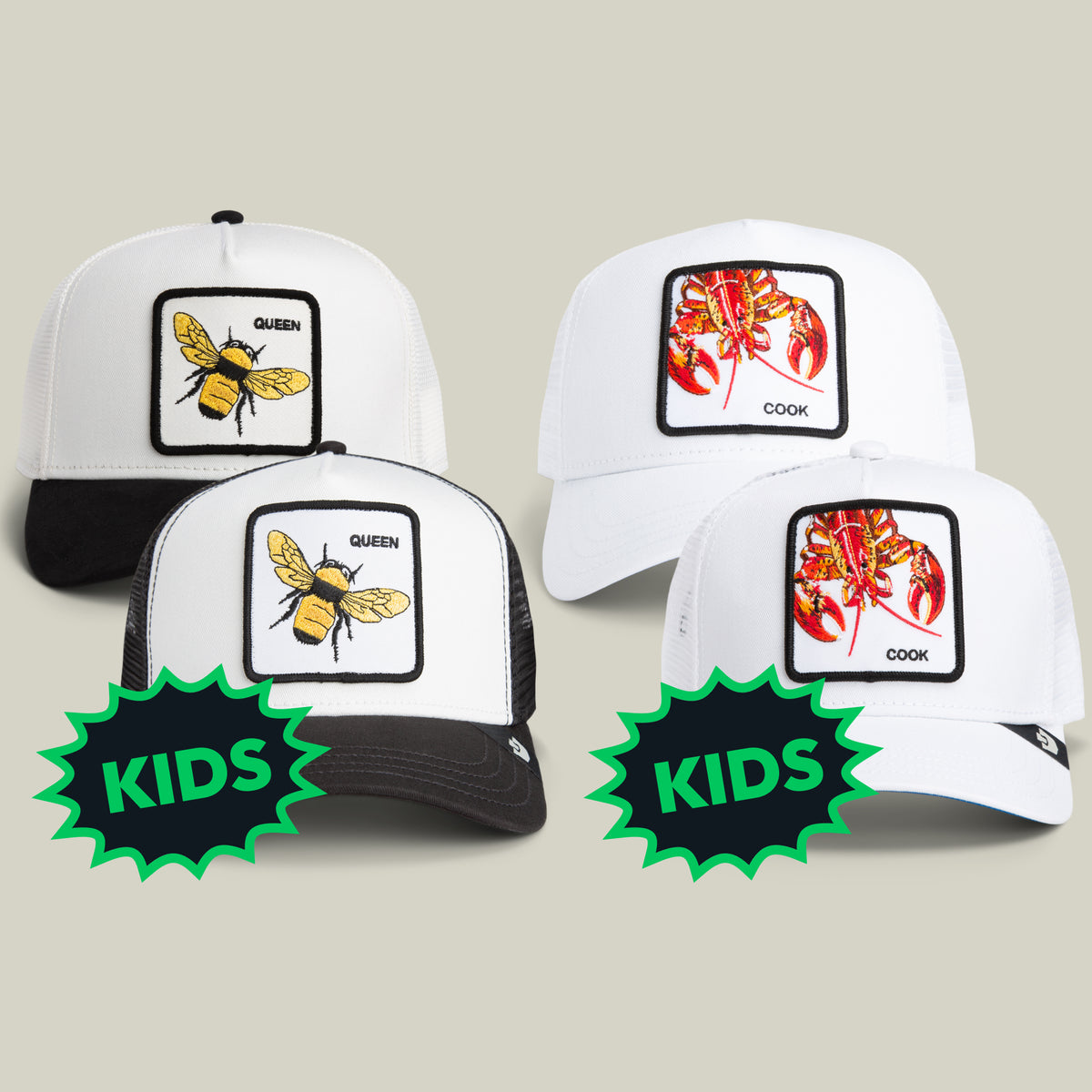 The Mini Me, Too Bundle by Goorin Bros. includes four white kids trucker hats—two bee designs labeled QUEEN and two lobster designs labeled COOK—all featuring playful green KIDS labels in the lower left corner.