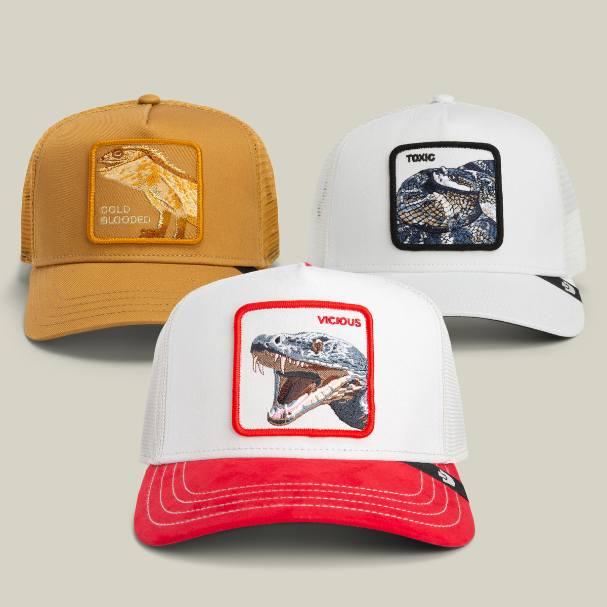 The Not For the Warm Blooded Bundle by Goorin Bros. features three trucker hats: a mustard yellow hat with a lizard patch, a white and black hat with a snake patch, and a white and red hat with an open-mouthed reptile patch labeled VICIOUS—ideal for fans of dinosaur apparel or anyone wanting to add prehistoric-inspired hats to their collection.