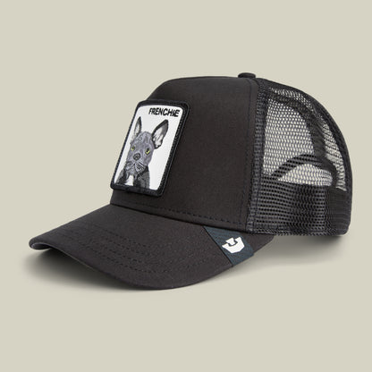 The Goorin Bros. Frenchie Trucker is a black mesh cap with a beige front patch featuring a French Bulldog illustration and the text "FRENCHIE"—a cute, bold accessory perfect for any small-dog hat enthusiast.