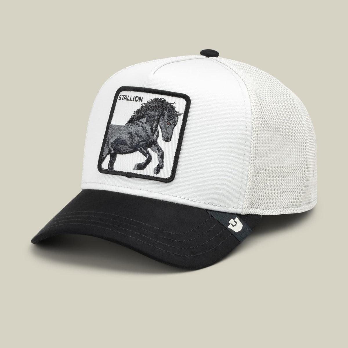 The Goorin Bros. Digital Stallion is a white and black trucker hat featuring a mesh back panel and a structured front with a black horse patch emblem on a white crown, displayed against a neutral background.