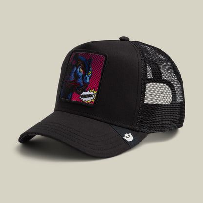 The Goorin Bros. POPArt - Panther trucker hat features a black mesh back with a bold pop art panther patch in blue, red, and yellow on the front, displayed against a neutral background.