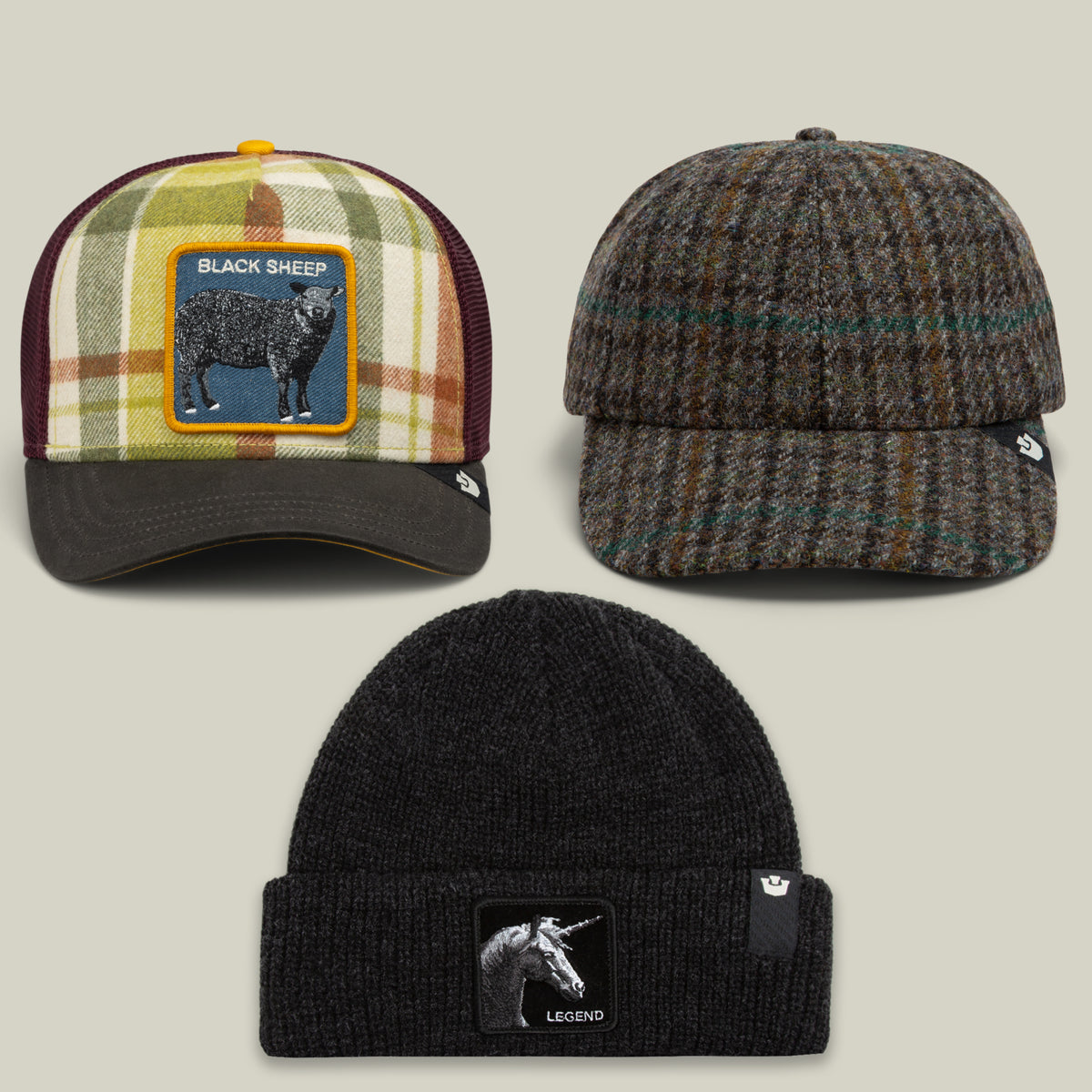 The Winter is Coming Bundle by Goorin Bros. features three hats—a plaid cap with a black sheep patch, a wool houndstooth cap, and a black knit beanie with a Legend horse patch—all displayed on a neutral background.