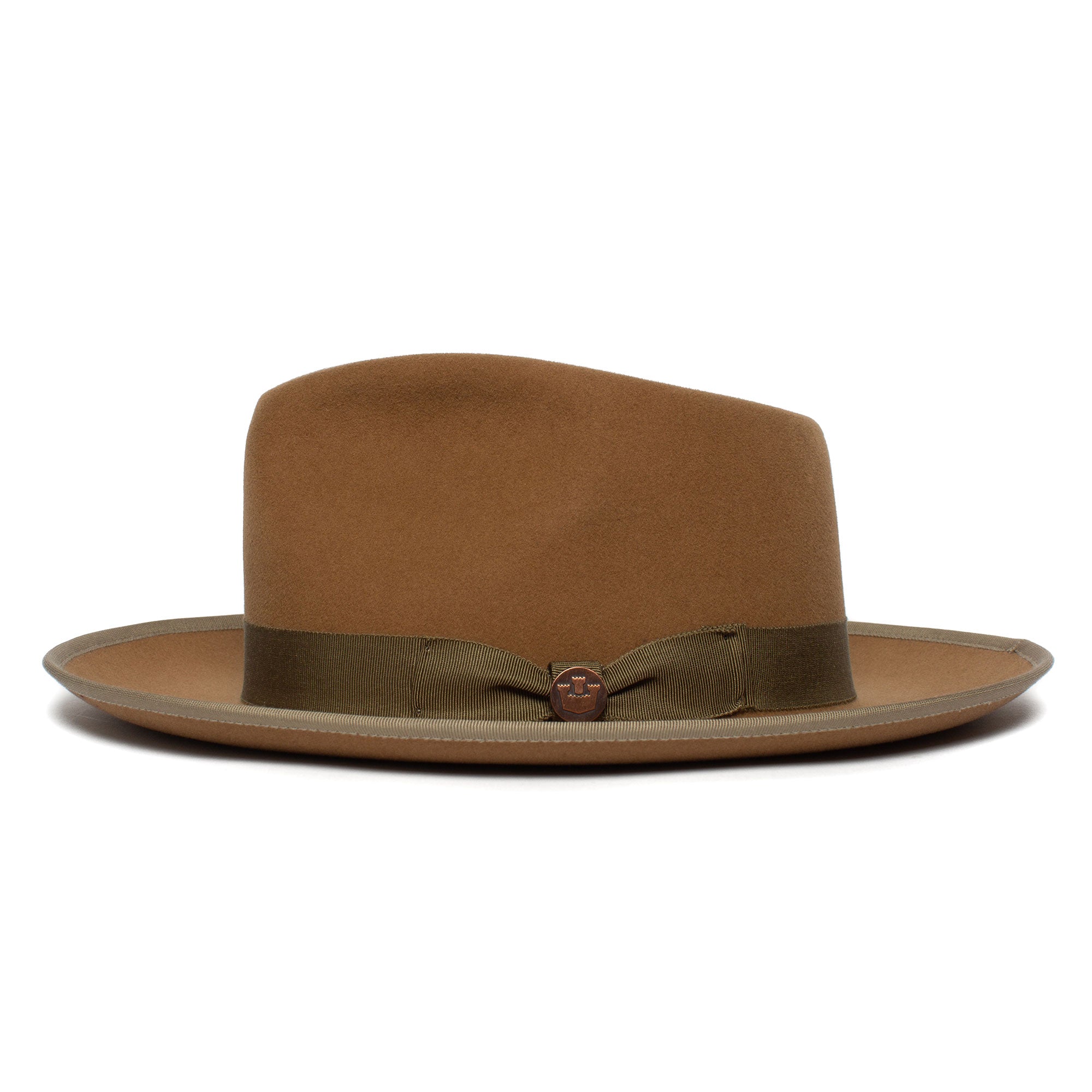Goorin Bros. river gray teardrop wide brim felt fedora hat Camel side view