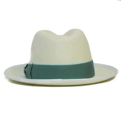 The Hartman by Goorin Bros. is a cream fedora with a wide brim and a light green grosgrain band around the crown's base.