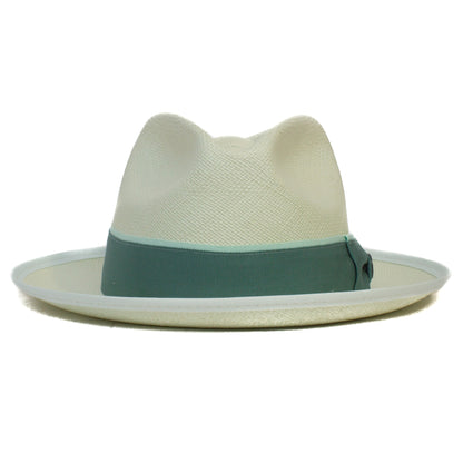 The Hartman by Goorin Bros. is a light-colored fedora with a wide, light blue grosgrain band and a subtly contrast-edged upturned brim, shown from the front.