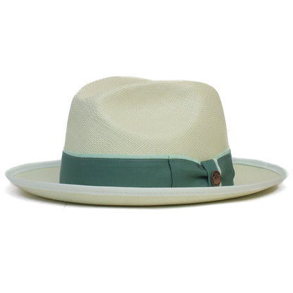 The Hartman by Goorin Bros. is a light straw fedora with a wide brim and pale green grosgrain band, offering stylish 50 UPF sun protection.